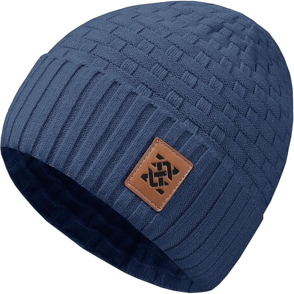 Men and Women Blue Warm Cap Thick Knitted Soft  Fleece Lined Rib Cap